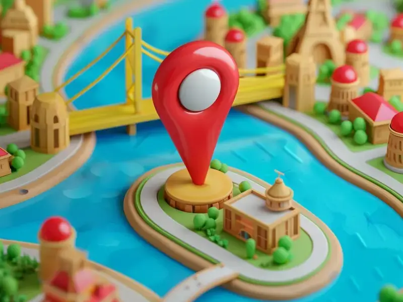 3D stylized map with red location pin beside river and bridge Business directory